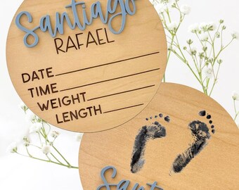 Baby Announcement Sign Wood Sign Newborn Announcement Sign Baby Name and Stats Footprint Keepsake Newborn Footprint Sign for Hospital