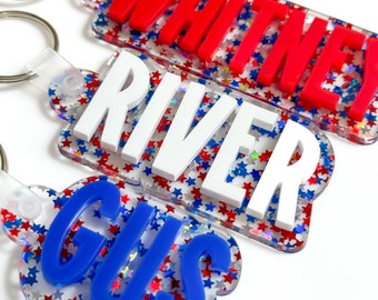 Backpack Name Tag | Acrylic Keychain | Personalized Acrylic Name Tag Diaper Bag Tag | Lunch Box Tag | Kids Tag Red White and Blue Patriotic