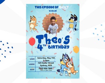 Editable Bluey Birthday Invitation with Thank You Notes and Sticker Templates