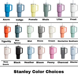 May include: A chart showing the color options for Stanley travel mugs. The colors are arranged in three rows of ten colors each. The colors include: Azure, Indigo, Pomelo, Shale, Lilac, Frost, Tigerlily, Blue Spruce, Mist, Stone, Cream, Nectarine, Seafoam, Rose Quartz, Black, Heather, Bloom, Peony, Charcoal, and Glacier.