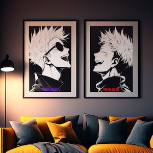 JUJUTSU KAISEN | Itadori | Gojo | Anime Fan Art | Black and White | Wall Art | Illustration | 2 Piece | Poster