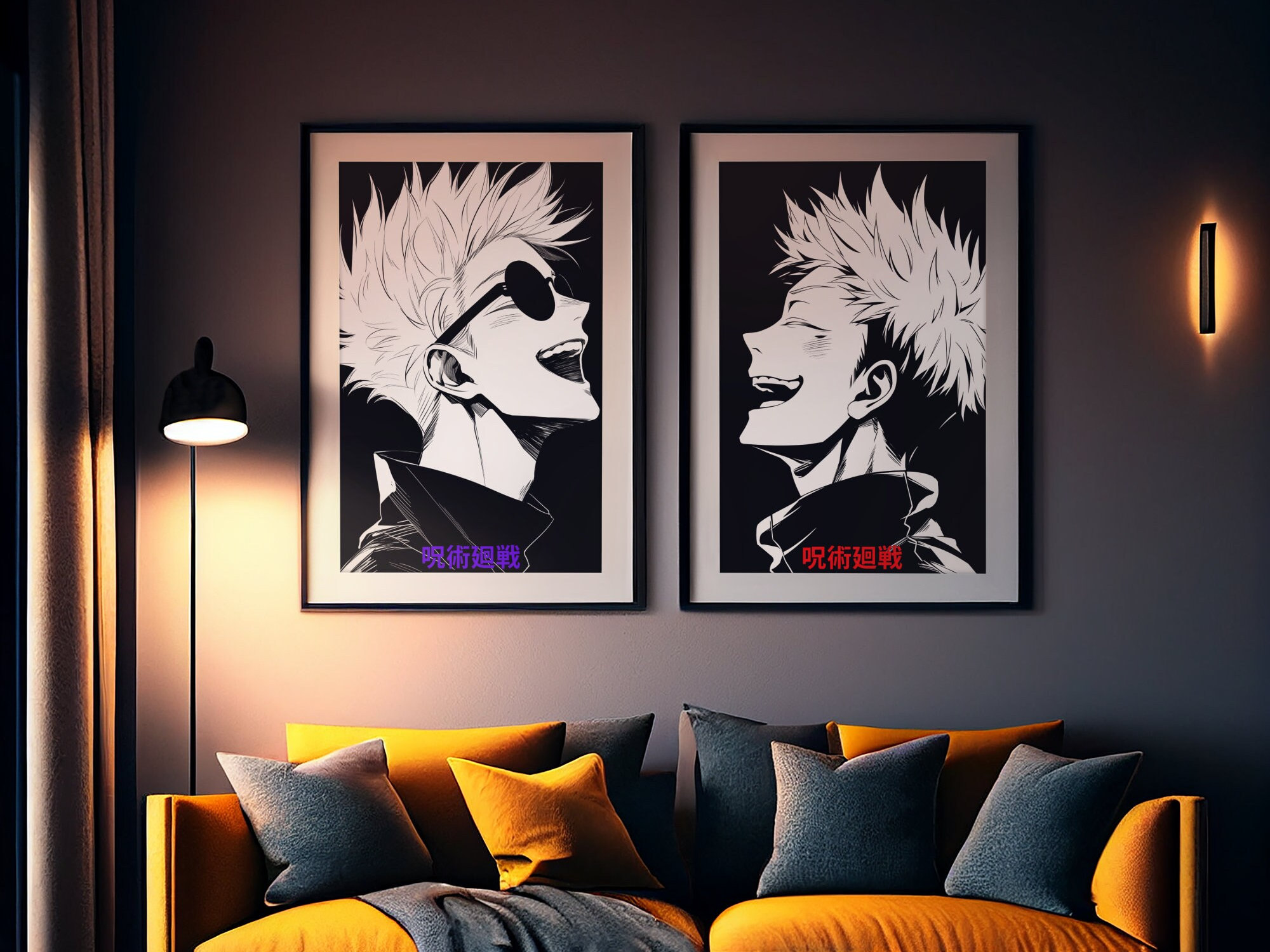 JUJUTSU KAISEN Itadori Gojo Anime Fan Art Black and White Wall Art