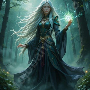 Enchanting Elven Sorceress Wall Art – Fantasy Woman with Magic Orb | Mystical Forest Print | Dark Academia & Witchcore Aesthetic Decor