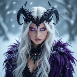 Dark Fantasy Ice Queen PNG | Gothic Sorceress Clipart | Enchantress with Horns Digital Art | Witchy Sublimation Design for Prints & Decor