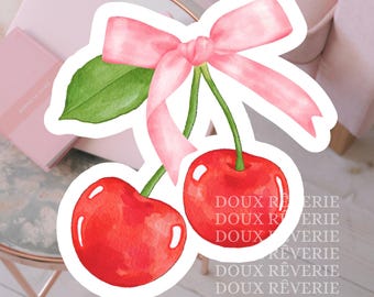 Coquette Pink Cherry Bow Sticker, Girly Preppy Balletcore