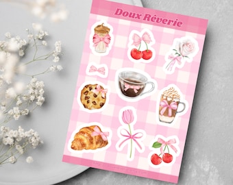 Cafe Coquette Sticker Sheet, Pink Bows, Girly Balletcore Stickers
