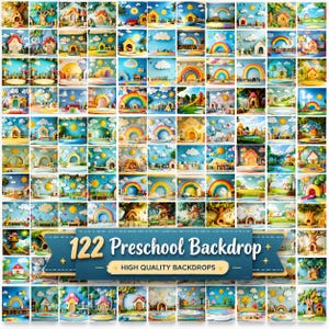 May include: A grid of 122 preschool backdrops, each with a unique design. The backdrops showcase colourful illustrations of playful houses, rainbows, clouds, and sunny skies. Ideal for children's photography and events.