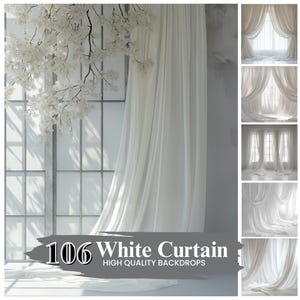 May include: A set of 106 white curtain backdrops. The backdrops are made of sheer fabric and are perfect for creating a variety of looks. The backdrops are shown in different configurations, including a single curtain, two curtains, and a curtain with a window behind it.
