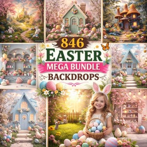 Méga lot de 800 toiles de fond numérique de Pâques, fond de champ de décoration d'été de forêt, arrière-plans d'arche de Pâques, PNG en plein air de printemps, oeufs de Pâques