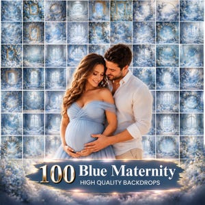 May include: A collection of 100 blue maternity backdrops with a dreamy, cloud-like aesthetic. The image features a pregnant person in a blue dress with a partner, and the text "100 Blue Maternity High Quality Backdrops".