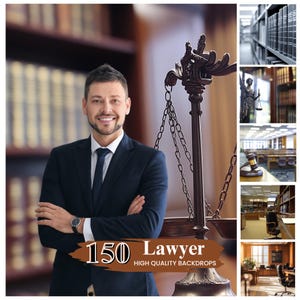 Könnte beinhalten: Ein Anwalt steht vor einer Justizwage und einem Bücherregal. Das Bild ist Teil eines Sets mit 150 hochwertigen Hintergründen für Anwälte.