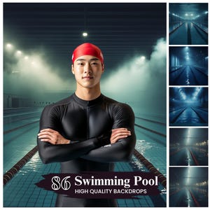 May include: A man wearing a red swim cap and black wetsuit stands in front of a swimming pool. The pool is surrounded by a tiled deck and has a blue tiled bottom. The image is part of a set of 86 high-quality swimming pool backdrops.