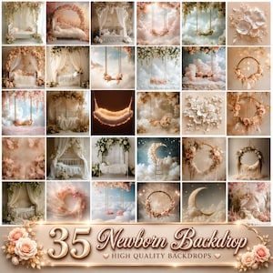 May include: A collection of 35 digital photography backdrops featuring floral arches, swings, crescent moons, and beds decorated with flowers and clouds. The text 35 Newborn Backdrop High Quality Backdrops is displayed at the bottom.
