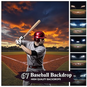 May include: A baseball player in a red helmet and striped jersey swings a bat on a baseball field with a sunset sky in the background. The image includes the text "67 Baseball Backdrop" and "High Quality Backdrops".