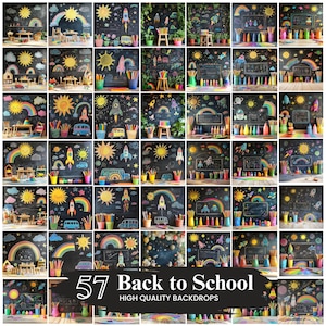 May include: A selection of 57 "Back to School" high-quality backdrops. Each backdrop displays colourful chalk drawings of rockets, rainbows, suns, and school buses on a black chalkboard background. Pencils and crayons are also visible.