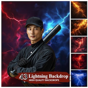 May include: A baseball player wearing a black cap and jersey holds a baseball bat in front of a backdrop of blue and red lightning bolts. The text "43 Lightning Backdrop" and "High Quality Backdrops" is displayed at the bottom of the image.