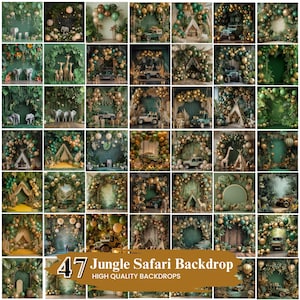 Más de 40 fondos digitales de safari en la jungla, fondo de globos para aplastar tartas, estudio de fotografía infantil, cumpleaños de bebé con temática tropical, fondos infantiles