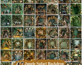 40+ Jungle Safari Digital Backdrops, Balloons Cake Smash Background, Child Photography Studio, Tropical Theme Baby Birthday, Kids Backdrops