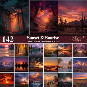 May include: A collection of digital art prints featuring various sunset and sunrise scenes. The images showcase vibrant colors, including orange, red, and purple, with landscapes such as forests, deserts, and seascapes. The text "Sunset & Sunrise" is displayed.