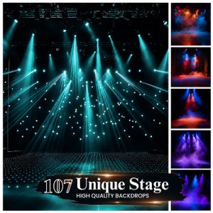 May include: A promotional image showcasing a collection of stage backdrops. The main image features a stage lit with bright teal spotlights and a textured floor. The text reads "107 Unique Stage High Quality Backdrops". Additional smaller images show different lighting and fog effects.