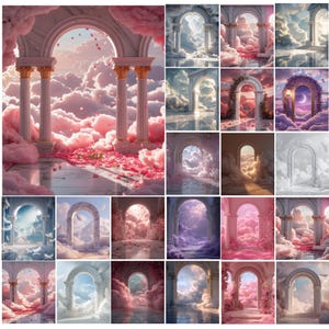 May include: A collection of digital art prints featuring archways and columns set against dreamy, cloud-filled skies. The color palette includes soft pinks, whites, and golds, creating a whimsical and ethereal aesthetic. The prints evoke a sense of fantasy and serenity.