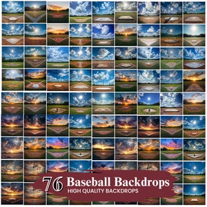 Könnte beinhalten: Ein Raster von 76 Baseball-Hintergründen mit verschiedenen Baseballfeldern unter unterschiedlichen Himmelsbedingungen. Die Bilder zeigen Felder bei Sonnenaufgang, Sonnenuntergang und Tageszeit, mit lebendigen Farben und dramatischen Wolkenformationen. Der Text unten lautet "76 Baseball Backdrops, High Quality Backdrops."