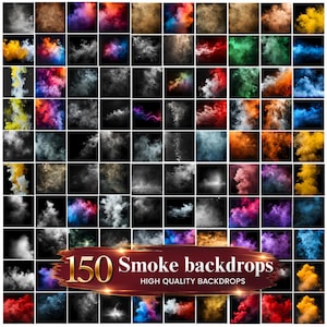 Può includere: Una collezione di 150 sfondi digitali di fumo con vari colori, tra cui pennacchi rossi, blu, gialli, viola, verdi e bianchi su sfondi neri. Il testo 150 Smoke backdrops HIGH QUALITY BACKDROPS è centrato nella parte inferiore.