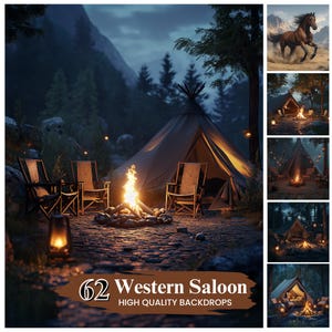 Op de afbeelding: Een verzameling van 62 digitale achtergronden met een Western Saloon-thema. De achtergronden bevatten verschillende scènes, waaronder een kampvuur met stoelen en een tent, een paard dat over een veld rent en een saloon-interieur. De achtergronden zijn van hoge kwaliteit en perfect voor gebruik in digitale kunst, fotografie en grafisch ontwerp.