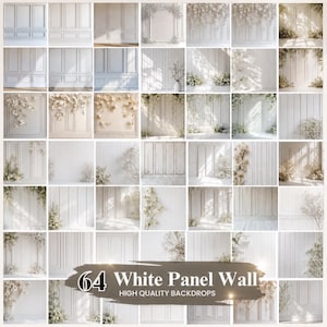 Peut inclure: Une collection de 64 fonds d'écran muraux à panneaux blancs. Les fonds présentent divers motifs, notamment des arrangements floraux et des détails architecturaux. Le texte "64 White Panel Wall" et "High Quality Backdrops" est affiché en bas.