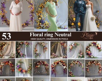 50+ Floral Ring Neutral Set Digital Maternity Backdrop, Floral hoop Overlay, Art Texture Photoshop, High-Resolution Photography Background