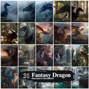 May include: A collage of 16 fantasy dragon images in various colors and poses. The dragons are set against backgrounds of forests, waterfalls, and landscapes. The text "31 Fantasy Dragon" and "High Quality Backdrops" is displayed.