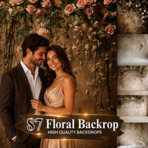 Puede incluir: Una pareja posa frente a un telón de fondo floral. El telón de fondo presenta una variedad de flores en tonos rosa, melocotón y crema, con vegetación en cascada. El texto "87 Floral Backdrop" y "High Quality Backdrops" se muestra en la parte inferior.