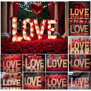 May include: A collection of illuminated "LOVE" signs, each with a unique design. Some signs are adorned with roses, others with balloons. The signs are in a variety of settings, including a red rose-covered floor and a backdrop of red curtains.