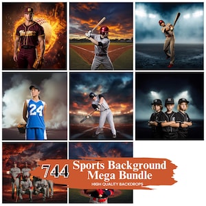 May include: A collage of baseball-themed images. The images feature baseball players in action, including a batter, a pitcher, and a team. The images are set against dramatic backgrounds with fiery skies and stadium lights. Text reads "744 Sports Background Mega Bundle".