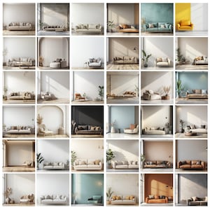 May include: A grid of interior design images showcasing various modern living room settings. Each image features a sofa, often accompanied by accent chairs, plants, and decorative elements. The color palettes range from neutral tones to vibrant hues, with diverse textures and styles.
