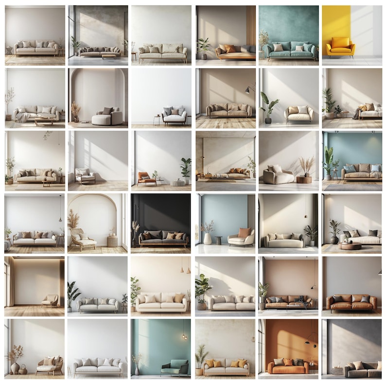 May include: A grid of interior design images showcasing various modern living room settings. Each image features a sofa, often accompanied by accent chairs, plants, and decorative elements. The color palettes range from neutral tones to vibrant hues, with diverse textures and styles.