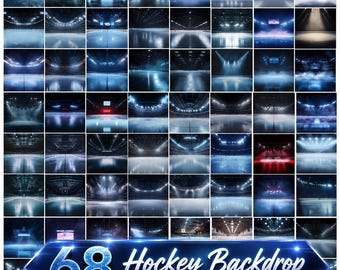 May include: A grid of 68 hockey backdrops, each depicting an ice rink with varying lighting and perspectives. The backdrops showcase different angles, from overhead views to close-ups, with a focus on the ice surface and arena lighting. The text "68 Hockey Backdrop" is displayed.