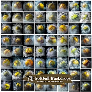 May include: A collage of 70 softball backdrops. Each backdrop features a yellow softball with red stitching, set against a smoky, dark background. The text "70 Softball Backdrops" and "High Quality Backdrops" is displayed at the bottom.