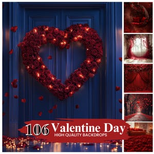 May include: A collection of 106 Valentine's Day backdrops featuring a variety of romantic scenes. The backdrops include a heart-shaped wreath of red roses, a red curtain backdrop, a red rose petal pathway, and a red rose-covered swing.