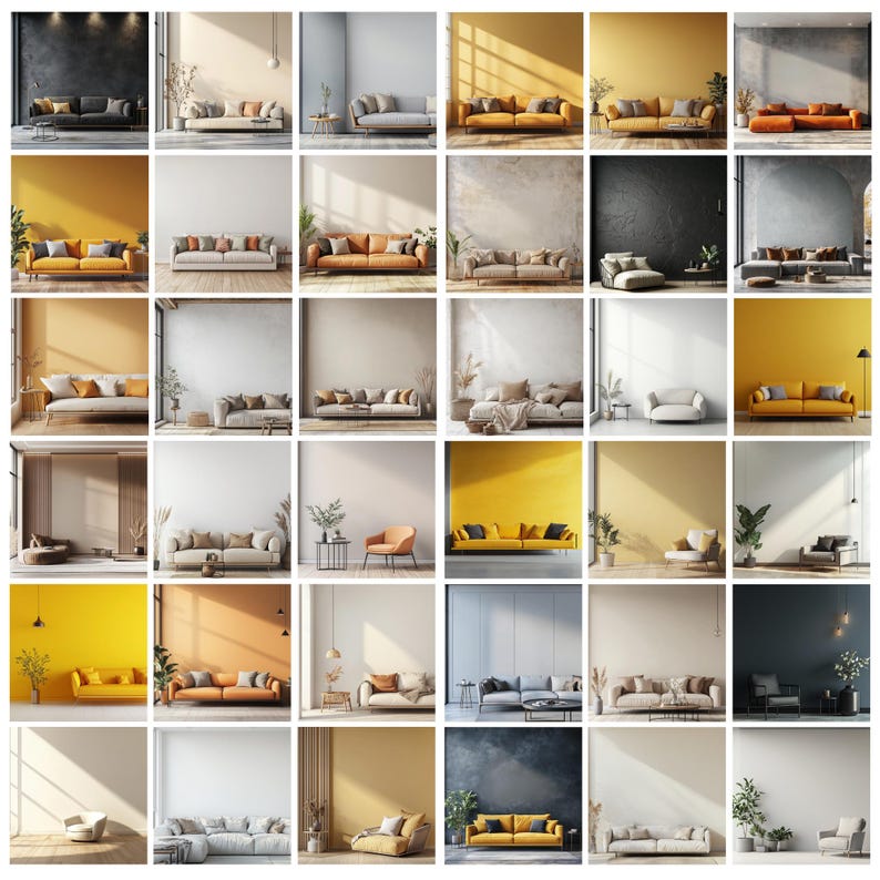 May include: A grid of interior design images showcasing various modern living room settings. Each scene features a sofa in different colors and styles, set against a backdrop of neutral walls and natural light. The rooms are decorated with minimalist furniture and plants.