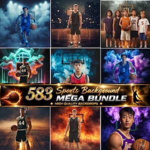 May include: A digital collection of 583 sports backgrounds featuring basketball players in various uniforms, dynamic lighting, smoke effects, and court settings. The central text reads 583 Sports Background MEGA BUNDLE HIGH QUALITY BACKDROPS.