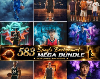 May include: A digital collection of 583 sports backgrounds featuring basketball players in various uniforms, dynamic lighting, smoke effects, and court settings. The central text reads 583 Sports Background MEGA BUNDLE HIGH QUALITY BACKDROPS.