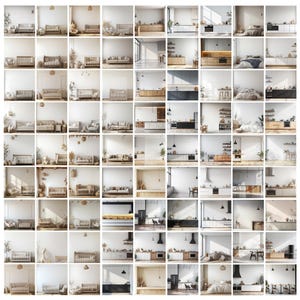May include: A collage of 49 images showcasing various interior design styles. The images feature different rooms, including bedrooms, living rooms, kitchens, and bathrooms. Each image features a white wall with a variety of furniture and decor, creating a clean and modern aesthetic.