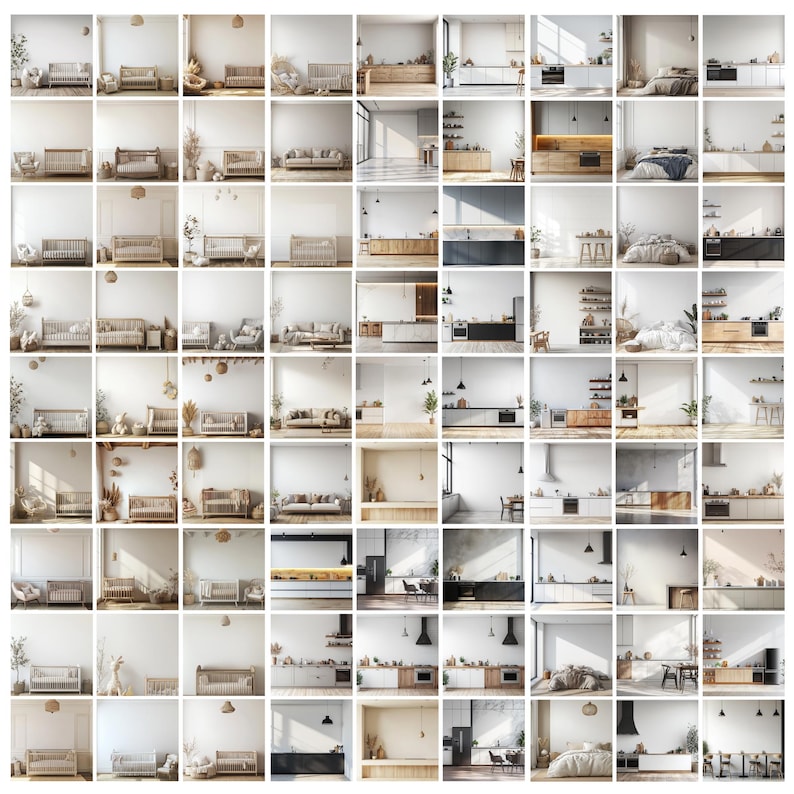 May include: A collage of 49 images showcasing various interior design styles. The images feature different rooms, including bedrooms, living rooms, kitchens, and bathrooms. Each image features a white wall with a variety of furniture and decor, creating a clean and modern aesthetic.