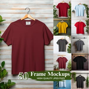 50 Wiszących T-shirtów Bella Canvas Mockup Bundle, Inclusive Hanging T-shirt Mockup, Botaniczny styl życia Mockup, Natychmiastowe pobieranie