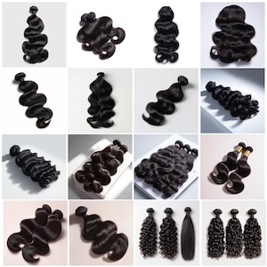 May include: An assortment of black human hair bundles, featuring wavy, curly, and straight styles. The hair is presented on a white backdrop, highlighting the diverse textures and lengths available for hair extensions.