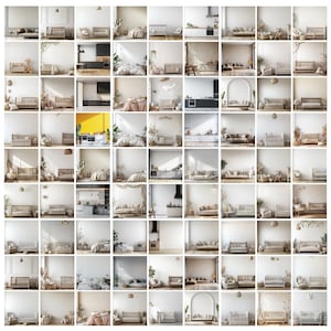 May include: A collage of 81 images showcasing various interior design styles. Each image features a different room setting, including living rooms, bedrooms, and kitchens. The rooms are decorated with a variety of furniture, decor, and plants, creating a cohesive and stylish aesthetic.