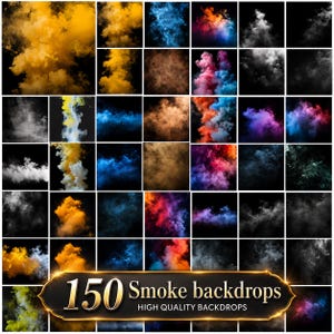 Puede incluir: Una colección de 150 fondos de humo con varios penachos de humo coloridos sobre fondos negros. La imagen incluye una etiqueta con borde dorado con el texto 150 Smoke backdrops HIGH QUALITY BACKDROPS en la parte inferior.