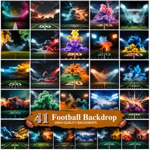 May include: A collection of 41 football backdrop images. Each image features a football field with dramatic lighting and colorful, cloud-like effects. The text "Football Backdrop" is displayed on a banner.