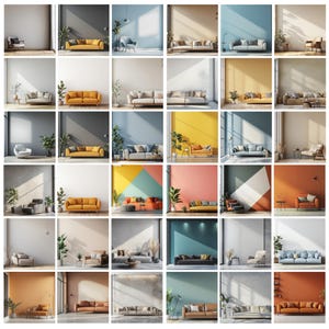 May include: A collection of interior design images showcasing various modern living room settings. Each scene features a sofa, often in vibrant colors like yellow or orange, complemented by plants and minimalist decor. The backgrounds vary, including colorful walls and natural light.